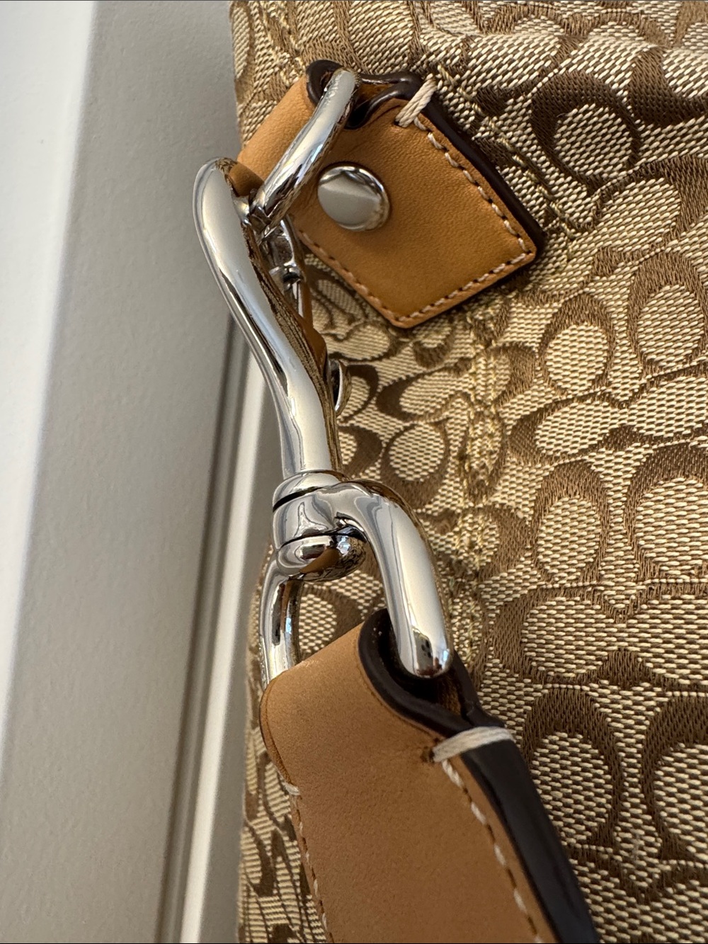 NWOT Coach Monogram Canvas Shoulder Tote with Tan Leather and Gold Stripe Scarf - Picture 5 of 16